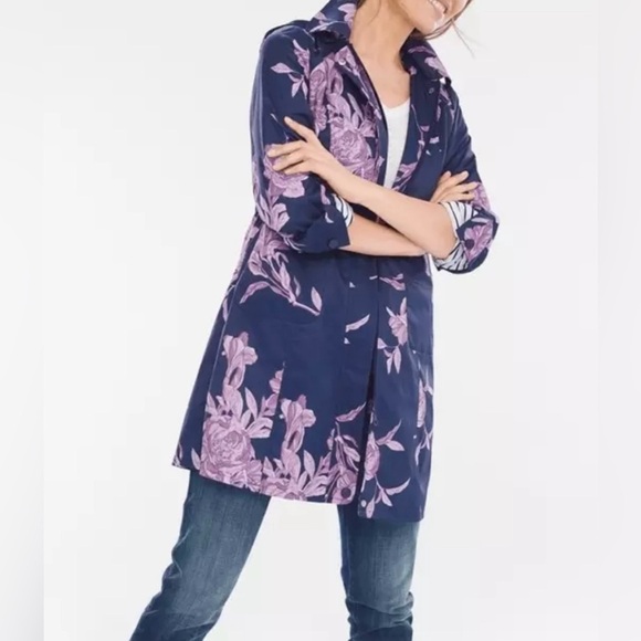 Chico’s Navy & Purple Floral Rain Jacket - Picture 1 of 13